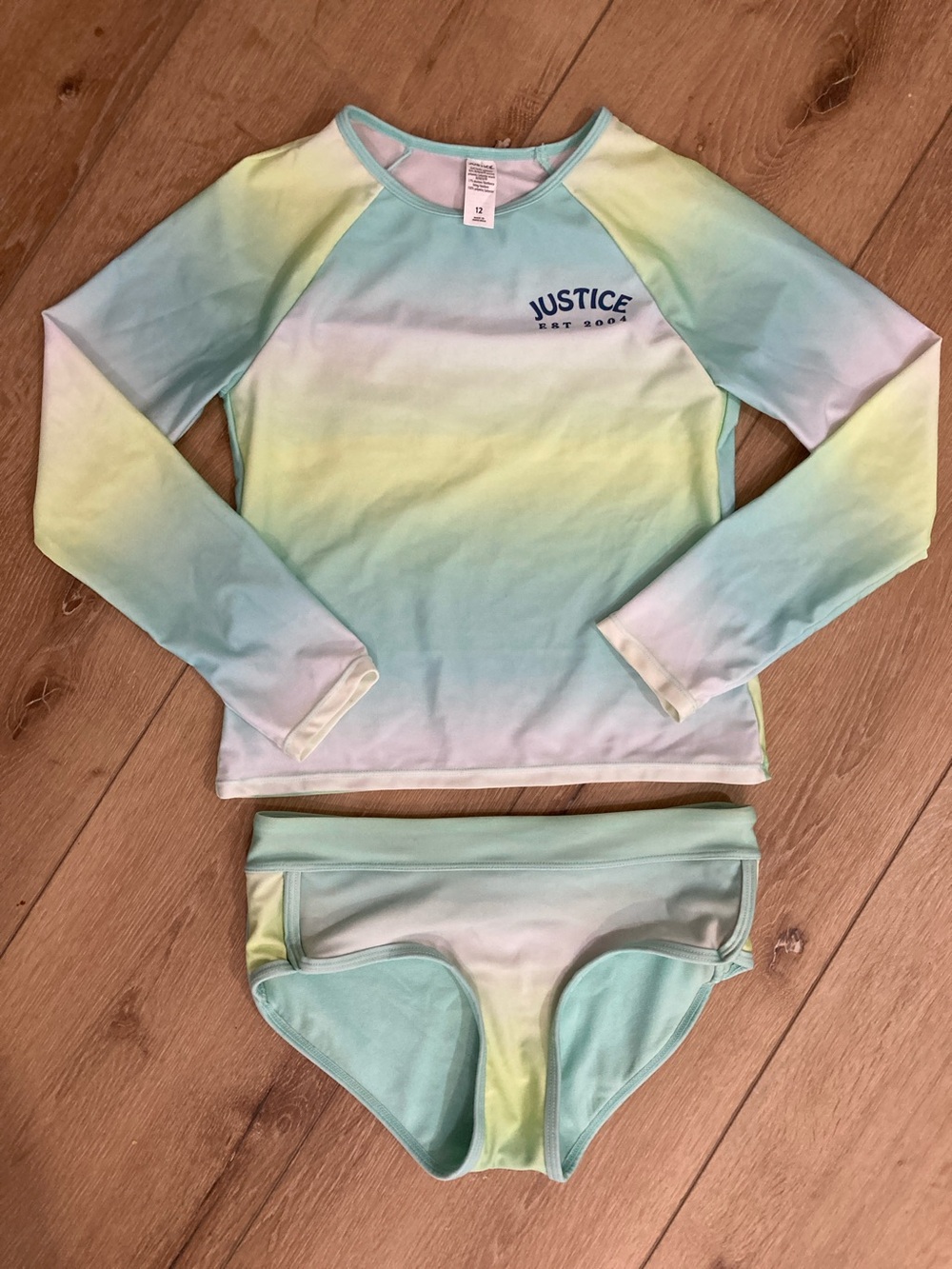 Justice size 12 lime green blue long sleeved rash guard swimsuit set